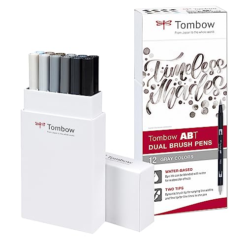 Tombow ABT Dual Brush Pen, Gray Colors, Stift mit zwei Spitzen, perfekt fürs Hand Lettering und Bullet Journal, wasservermalbar, ABT-12P-3, 6er Set von Tombow