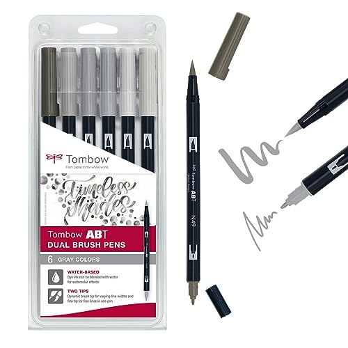 Tombow ABT Dual Brush Pen, Grey Colors, Stift mit zwei Spitzen, perfekt fürs Hand-Lettering und Bullet Journal, wasservermalbar, ABT-6P-6, 6er Set, 1 Stück (6er Pack) von Tombow