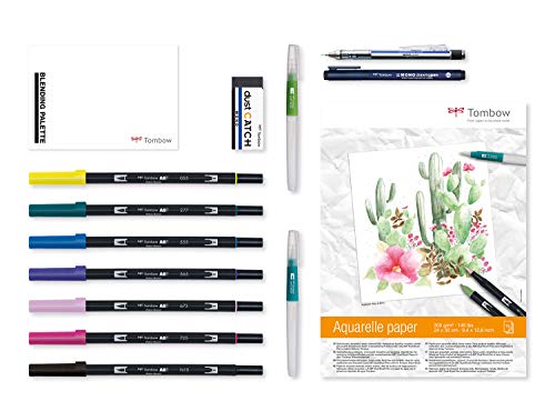 Tombow Aquarell-Set: Dualer Pinselstift mit Feiner Spitze und Breiter Pinselspitze, Fineliner, Wasserpinsel, Radiergummi, Zeichenblock, für Zeichnen und Malen von Tombow