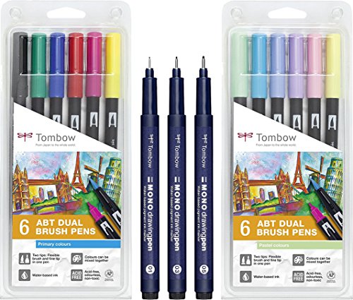 Tombow Fasermaler Dual Brush Pen mit Zwei Spitzen 12er Set (6er Set Standardfarben + 6er Set Pastellfarben) + 3 Verschiedene Qualitäts-Fineliner Mono Drawing Pen von Tombow