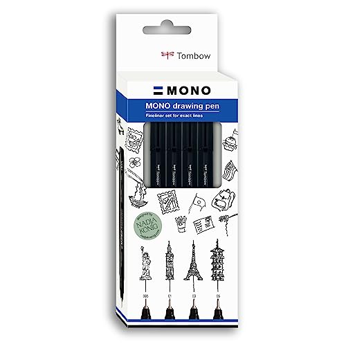 Tombow Fineliner MONO drawing pen, Fine Set, Pigmenttinte, Wasser- und Lichtresistent, zum Illustrieren und Zeichnen, Schwarz, 4er-Set, WS-EFL-H-F-4P von Tombow