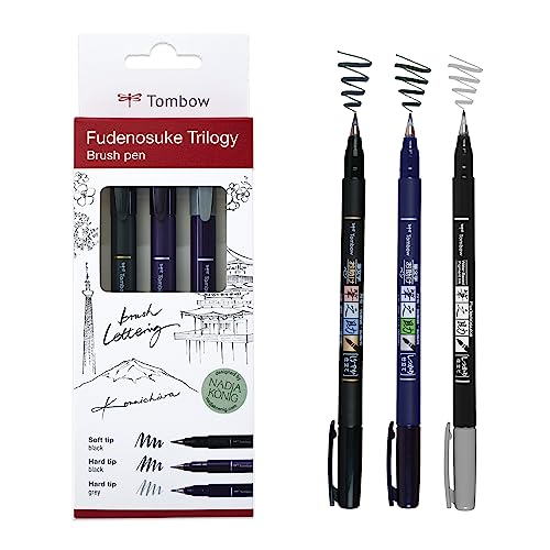 Tombow Fudenosuke Triology Set, elastische Pinselspitze, perfekt fürs Hand-Lettering, Sketching & Bullet Journaling, 3er Set, WS-BHS-3P von Tombow