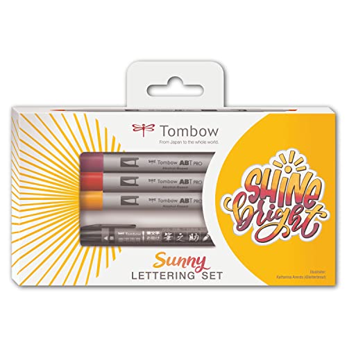 Tombow LS-ABTP, Sunny Lettering Set für farbstarke Letterings, 3x ABT PRO Marker & Fudenosuke twin + Anleitung, perfekter Start ins Lettering mit alkoholbasierten Markern von Tombow