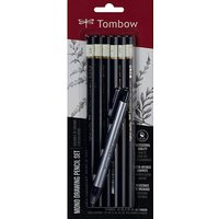 Tombow Mono Bleistift-Set B, HB, 2H, 2B, 4B, 6B schwarz/weiß mit Radierer, 1 Set von Tombow