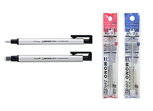 Tombow Mono Zero Radiergummi-Halter-Set mit runder Spitze, Radiergummi-Halter und runder Nachfüllung und quadratischer Nachfüllung (1 Nachfüllpackung hat 2 Radiergummis, insgesamt 4 Radiergummis) von Tombow