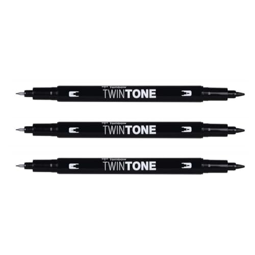 Tombow TwinTone Filzstifte, Doppelspitze, 0,8 und 0,3 mm, Schwarz, 3 Stück von Tombow