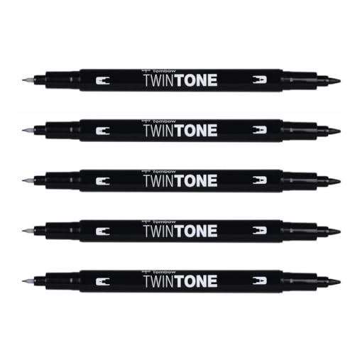 Tombow TwinTone Filzstifte, Doppelspitze, 0,8 und 0,3 mm, Schwarz, 5 Stück von Tombow