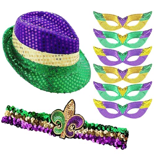 Tomicy 1 Satz Mardi Gras Tag Kostüm Set Mardi Gras Festival Hut Fliege Gesichtsmaske Paillettenanzug Karneval Thema Dekoration Kit Karneval Verkleiden Mardi Gras Foto Booth Requisiten Dekorationen von Tomicy