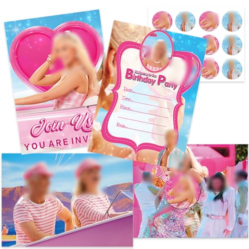 Tomicy 12 Einladungskarten Kindergeburtstag, Einladungen zum Mädchen Kindergeburtstag in zart rosa, Partyeinladungen, Rosa Puppen für Themenparty Einladungen von Tomicy