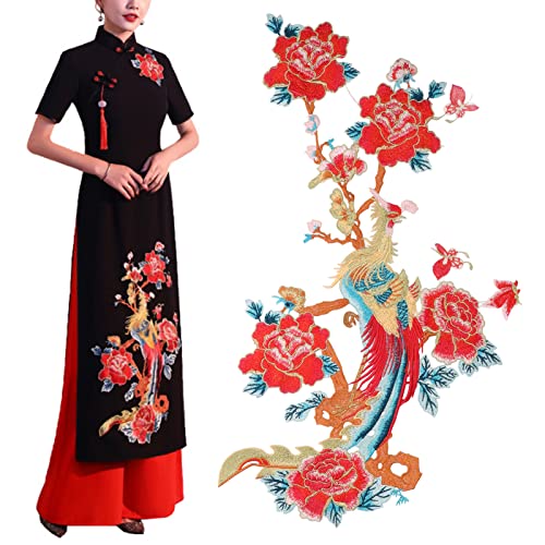 Gestickte Aufnäher, 26,4 x 13,8 Zoll Chinesischer Stil Phönix Blumen Aufnäher Nylongarn Stickerei Stoffapplikation DIY Nähzubehör für Cheongsam Kleidung von Tomotato