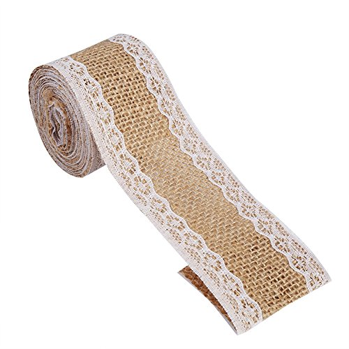 Jute Sackleinenband mit Weißer Spitze, 5cm x 2m Rustikales Jute Sackleinen Spitzenband Kantenbesatz für DIY Handwerk, Vintage Hochzeit, Party Gastgeschenk Dekoration (A) von Tomotato