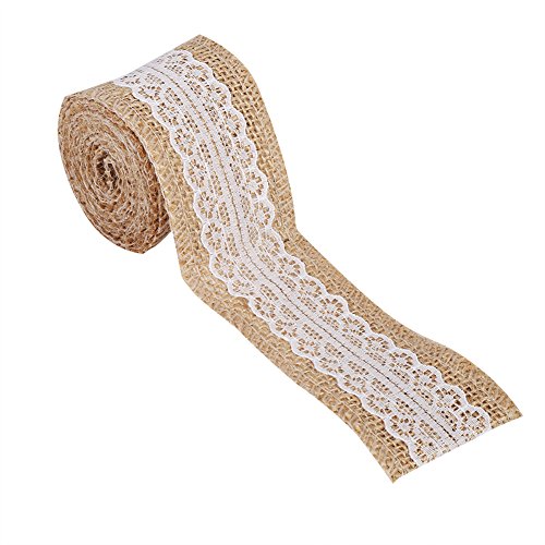 Jute Sackleinenband mit Weißer Spitze, 5cm x 2m Rustikales Jute Sackleinen Spitzenband Kantenbesatz für DIY Handwerk, Vintage Hochzeit, Party Gastgeschenk Dekoration (B) von Tomotato