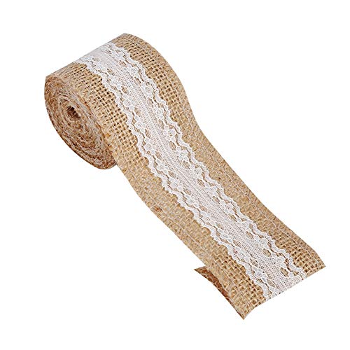 Jute Sackleinenband mit Weißer Spitze, 5cm x 2m Rustikales Jute Sackleinen Spitzenband Kantenbesatz für DIY Handwerk, Vintage Hochzeit, Party Gastgeschenk Dekoration (C) von Tomotato