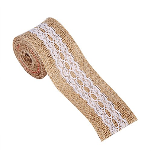 Jute Sackleinenband mit Weißer Spitze, 5cm x 2m Rustikales Jute Sackleinen Spitzenband Kantenbesatz für DIY Handwerk, Vintage Hochzeit, Party Gastgeschenk Dekoration (D) von Tomotato