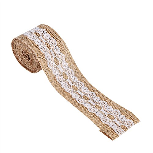 Jute Sackleinenband mit Weißer Spitze, 5cm x 2m Rustikales Jute Sackleinen Spitzenband Kantenbesatz für DIY Handwerk, Vintage Hochzeit, Party Gastgeschenk Dekoration (E) von Tomotato