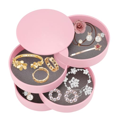 Tomotato 4 Ebenen Drehbare Schmuckschatulle, 360 Grad Drehbar Schmuckaufbewahrung Schmuckkästchen Schmuck Organizer Storage Box mit Deckel für Halsketten Armbänder Ringe(Rosa) von Tomotato