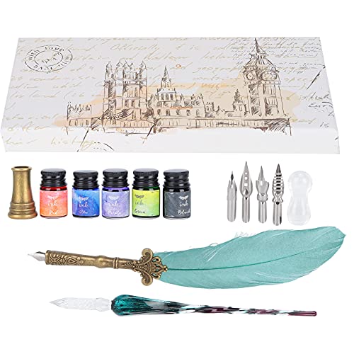 Tomotato Kalligraphie Stift Set Glas Tinte Feder Füllfederhalter Dip Tinten Stift Feder Set Federkiel Set Retro mit Austauschbarer Spitze Schreib Geschenkbox Set(Perlglanz Dunkelgrün) von Tomotato