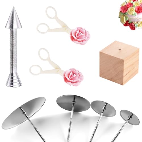 8 Stück Icing Blumennagel Set, 4 Größe Kuchen Dekoration Icing Blumennagel und Cup Cake Dekoration,2 Blumenheber,1 Dekorationsstifte Kuchen,1 Icing Blumennage Holzhalter für Kuchen,Cake Dekoration von Tomuvpzn