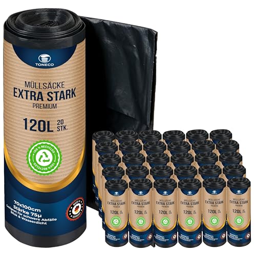 Profi Müllsäcke 120L - EXTRA STARK - 70 μ - bis 30 kg belastbar - 600 Stk - reißfeste Müllbeutel 120L - stabile Mülltüten 120L - 20 bis 600 Säcke wählbar (600) von Toneco