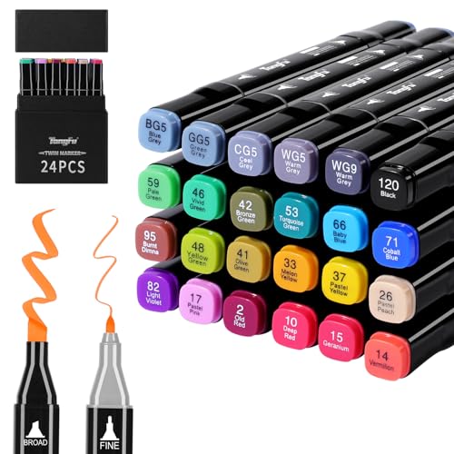 TongFu 24 Farben Marker Set, Twin Marker mit Heller Farbe, Filzstifte mit Schwarz Geschenkbox, Alkohol Stifte für Färbung, Comic, Malerei, Zeichnung, Design, Malerei, Rendering, Brief, Manga von TongFu