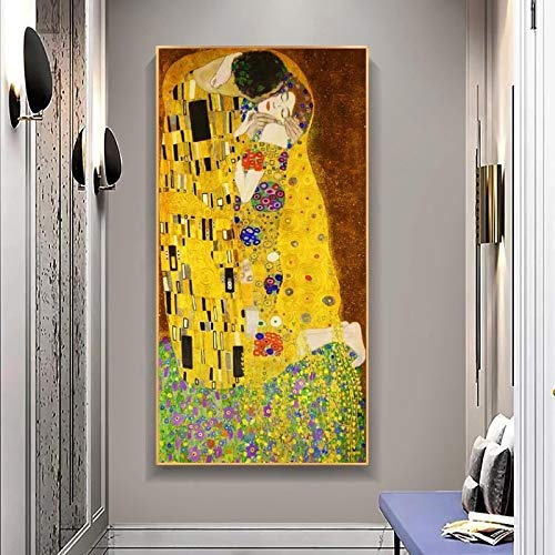 Berühmte Kunst Gustav Klimt der Kuss Ölgemälde Leinwand Gemälde Poster und Drucke Wandkunst für Wohnzimmer Wohnkultur 150 x 50 cm Innenrahmen von Tongda Decor