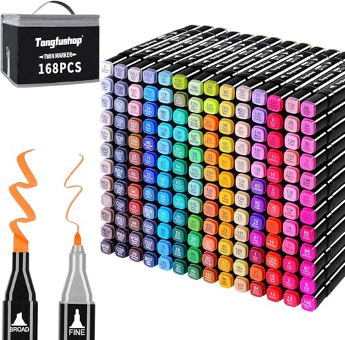 Tongfushop 168+2 Farben Filzstifte, Doppelte Spitze Marker Stifte Set, 2 Sekunde Schnell Trocknende Sketch Permanent Alkoholmarker mit Schwarzer Tragetasche und Abstandshalter für Malerei, Design von Tongfushop