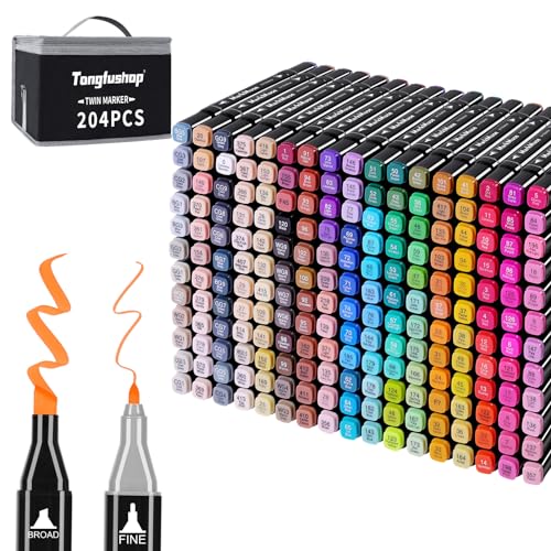 Tongfushop Filzstifte, 204+2 Marker Set, 2 Sekunde Schnell Trocknende Twin Marker, Alkohol Marker Stifte für Malerei, Zeichnung, Design, Rendering, Brief, Manga, mit Anti-Seepage Abstandshalter von Tongfushop