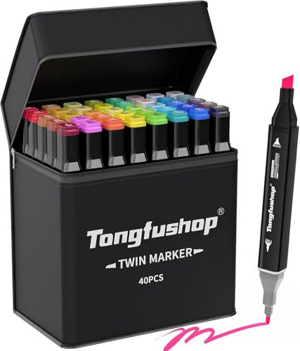 Tongfushop 40+2 Farben Filzstifte, Doppelte Spitze Marker Stifte Set, 2 Sekunde Schnell Trocknende Sketch Permanent Alkoholmarker mit Schwarzer Tragetasche und Abstandshalter für Malerei, Design von Tongfushop