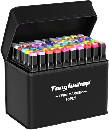 Tongfushop 60+2 Filzstifte, Twin Marker, Marker Set für Studenten Manga Design und Zeichnen Skizzieren Malerei, Art Marker mit Schwarzer Tragetasche und Abstandshalter von Tongfushop