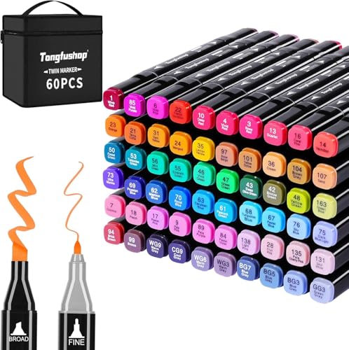 Tongfushop 60 Alkohol Stifte Set, 2 Sekunde Schnell Trocknende Alkohol Marker Set, Doppelseitige Marker Stifte Filzstifte mit Anti-Seepage Abstandshaltern für Malerei, Zeichnung, Design, Manga von Tongfushop