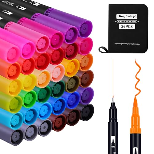 Tongfushop Dual Brush Pen Set, 36 Farben Doppelseitig Pinselstifte Aquarell Marker Fineliner Set, Filzstifte Dicke und Dünne Für Erwachsene Kalligraphie Handlettering Manga Malbücher Journal von Tongfushop