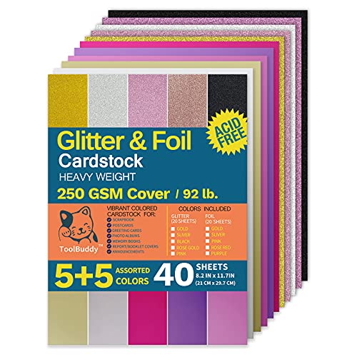 Glitzer-Papier, Karton, 250 g/m², 40 Blatt, A4, farbiger Glitzer- und Folien-Karton, metallisches Spiegelbrett für Bastelprojekte, Sammelalben, Geburtstagspartys, Hochzeitsdekorationen – 5 + 5 Farben von ToolBuddy