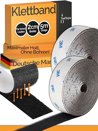 Klettband Selbstklebend Extra Stark Outdoor & Indoor (3M Markenkleber), 20mmx5m schwarz, Klett I Klettverschluss Klebeband, Velcro Tape für DIY, Basteln, Haushalt, Nähen...ToolTopia Handwerksqualität von ToolTopia