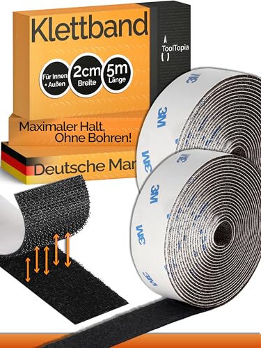 Klettband Selbstklebend Extra Stark Outdoor & Indoor 20mm x 5m schwarz (3M Markenkleber), Klett I Klettverschluss Klebeband, Velcro Tape für DIY, Basteln, Haushalt, Nähen...ToolTopia Handwerksqualität von ToolTopia