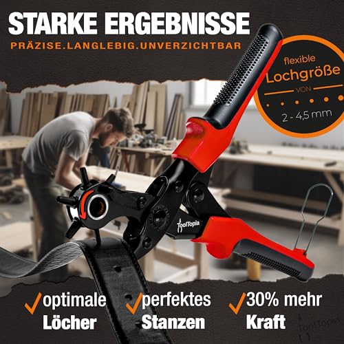 Lochzange für Leder [KOMPLETTSET], Locheisen | Lochstanzer als Leder Werkzeug, Papier, Gürtel Locher, oder Lochstanze für Stoff, Biothane, Kunstleder etc. Hole Puncher mit Komforthebel von ToolTopia