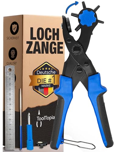 Lochzange für Leder [KOMPLETTSET], Locheisen | Lochstanzer als Leder Werkzeug, Lochzange Papier, Gürtel Locher, oder Lochstanze für Stoff, Biothane, Kunstleder etc. Hole Puncher mit Komforthebel von ToolTopia