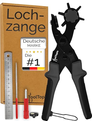 Lochzange für Leder [KOMPLETTSET], Locheisen | Lochstanzer als Leder Werkzeug, Lochzange Papier, Gürtel Locher, oder Lochstanze für Stoff, Biothane, Kunstleder etc. Hole Puncher mit Komforthebel von ToolTopia