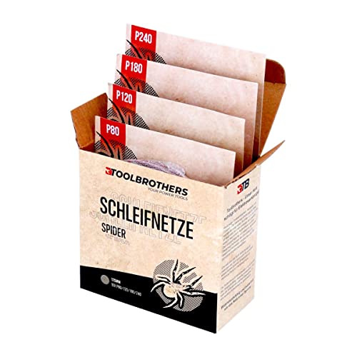 Toolbrothers SPIDER Schleifset Netz Schleifmittel Schleifnetze 125 mm Klett je 10x P80 / P120 / P180 / 240 für Hartholz, Weichholz, Lack, Stein, Stahl, Aluminium, Furnier (1) von Toolbrothers