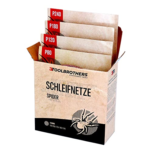 Toolbrothers SPIDER Schleifset Netz Schleifmittel Schleifnetze 150 mm Klett je 10x P80 / P120 / P180 / 240 für Hartholz, Weichholz, Lack, Stein, Stahl, Aluminium, Furnier (1) von Toolbrothers