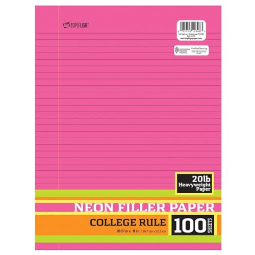 Top Flight Neonfüller, College-Lineal, 100 Blatt, 4 Farben, 3 Löcher, 9 kg, 26,7 x 20,3 cm (4511894) von Top Flight