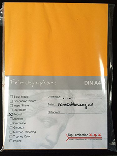 100 Blatt DIN A4 sonnenblumengold - hell-orange Papier 90g/m² von Top Lamination - komplett durchgefärbt, bedruckbar von Top Lamination Laminiertechnik