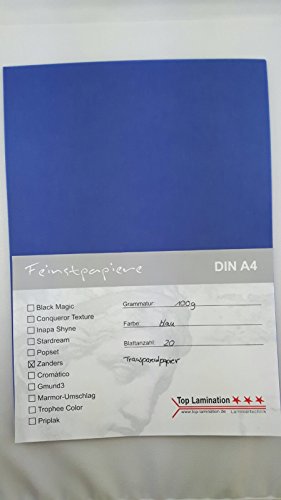 20 Blatt DIN A4 Transparentpapier blau 100g/m² sehr gute Qualität, Einladungen, Visitenkarten, Einlegeblätter für Alben, Fensterbilder, Bastelarbeiten und vieles mehr von Top Lamination Laminiertechnik