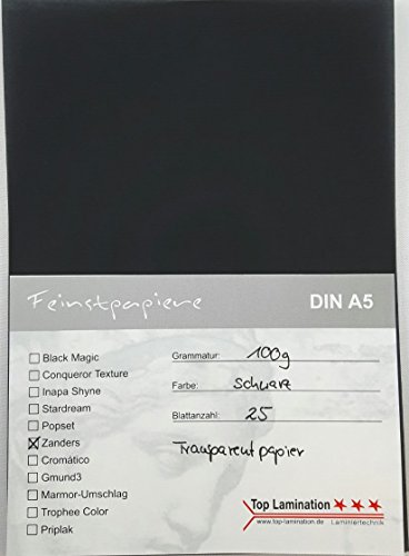 25 Blatt DIN A5 Transparentpapier schwarz 100g/m² sehr gute Qualität von Top Lamination Laminiertechnik