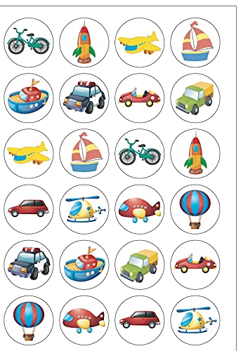 Kuchendekorationen für Kinder, Motiv: Transportfahrzeuge, vorgeschnitten, essbares Papier/Oblaten, rund, ideal für jüngere Kinder, 24 Stück von Top That