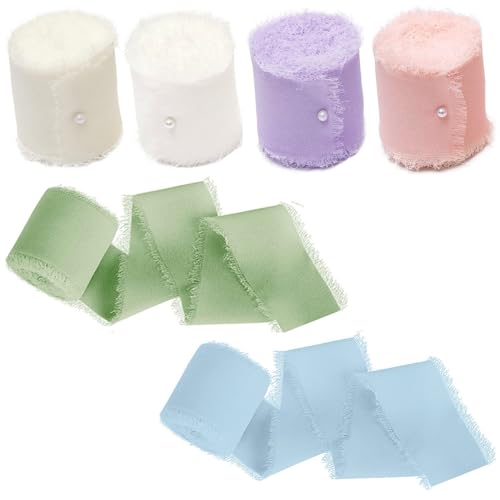 6 Rollen Chiffon-Seidenbänder, 3,8 cm x 5 m, handgefertigtes Chiffonband mit Fransen, Chiffonbänder mit ausgefransten Kanten für Hochzeitseinladungen, Brautsträuße, Geschenkverpackungen (6 Farben) von TopHomer