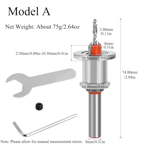 90° Kegelbohrer mit Hartmetallbespannung, einstellbare Bohrtiefe Hohe Härte Schraubenlochbohrer für die meisten Hölzer (Ø 2.8 mm x 8 mm Schaft) von TopHomer