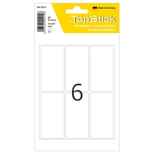 TopStick 2214 Vielzweck-Etiketten, 90 Stück, 34 x 67 mm, 6 pro Bogen, selbstklebend, Haushaltsetiketten zum Beschriften, matt, blanko Papier Klebeetiketten Aufkleber, weiß von TopStick