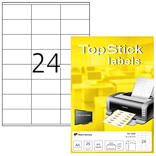 TopStick 8400 Adressetiketten, 800 Blatt, 70 x 36 mm, 24 pro A4 Bogen, 19200 Stück, selbstklebend, bedruckbar, matt, blanko Papier Adressaufkleber Etiketten, weiß von TopStick