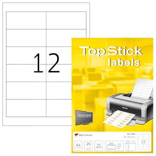 TopStick 8406 Universal Etiketten, 800 Blatt, 97 x 42,3 mm, 12 pro A4 Bogen, 9600 Stück, selbstklebend, bedruckbar, matt, blanko Papier Klebeetiketten Aufkleber, weiß von TopStick