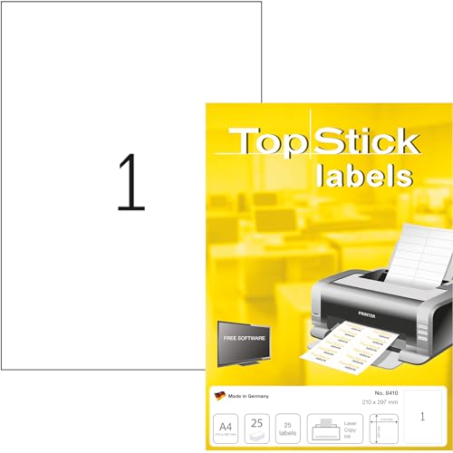 TopStick 8410 Universal Etiketten, 800 Blatt, 210 x 297 mm, 1 pro A4 Bogen, 800 Stück, selbstklebend, bedruckbar, matt, blanko Papier Klebeetiketten Aufkleber, weiß von TopStick